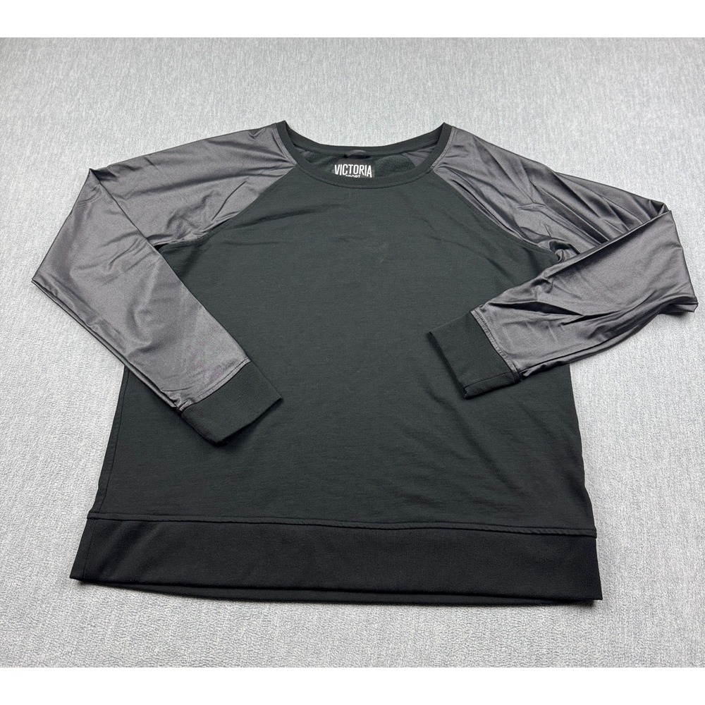Victoria's Secret Sport Sweatshirt Womens Large Black Faux Leather Sleeve Fleece